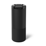 Product photo of a matte black Brümate ReHydration bottle featuring a vertically embossed logo and a secure flip-top lid on a white background