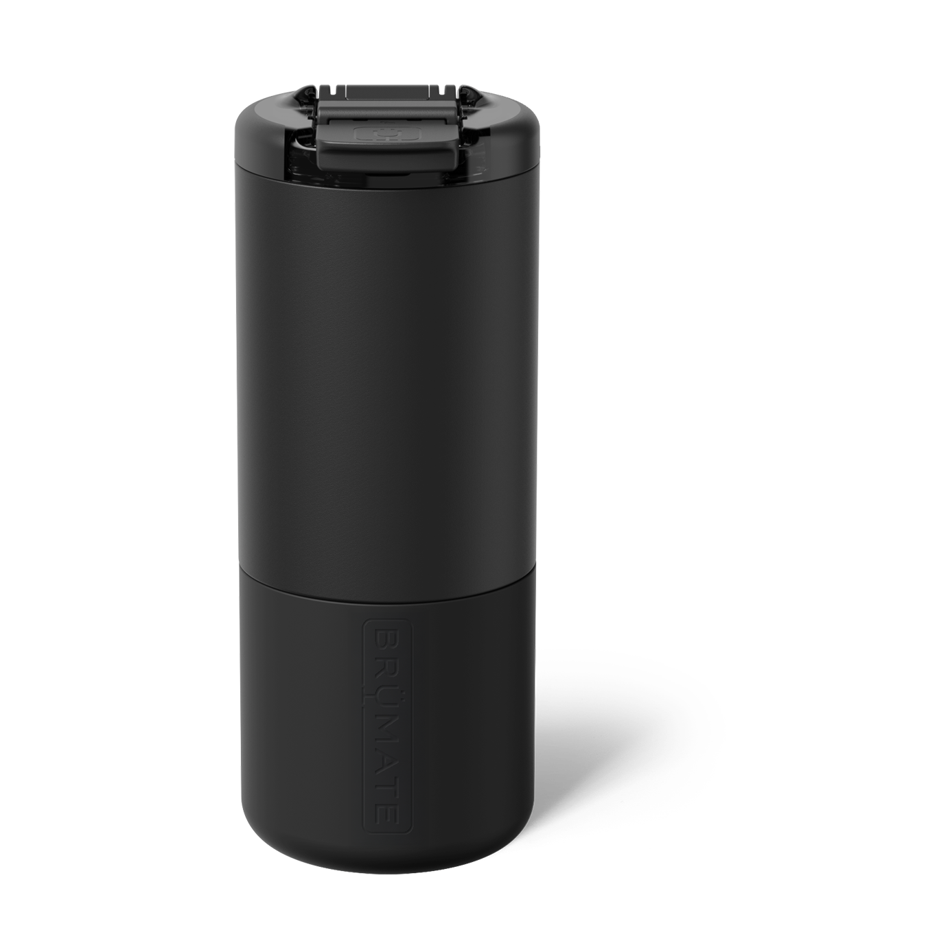 Product photo of a matte black Brümate ReHydration bottle featuring a vertically embossed logo and a secure flip-top lid on a white background