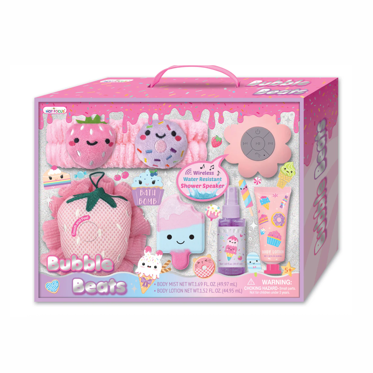 Product image of a Hot Focus Bubble Beats bath and body gift set for kids in a sprinkle-decorated pink box, featuring a plush pink strawberry headband, a purple donut bath bomb, a pink flower shower speaker, and a strawberry bath pouf