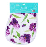 Little Hometown 2-in-1 Burp Cloth + Bib featuring a white fabric patterned with vibrant purple irises and delicate green leaves displayed in its teal header card packaging