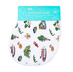 Cotton baby burp cloth with a vibrant Louisiana-themed pattern featuring a Mississippi River steamboat, green alligators, and red crawfish