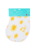 Little Hometown 2-in-1 Burp Cloth + Bib product displays white fabric printed with bright yellow suns and 'Hey Y'all!' text