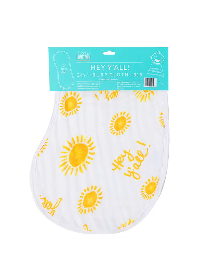 Little Hometown 2-in-1 Burp Cloth + Bib product displays white fabric printed with bright yellow suns and 'Hey Y'all!' text