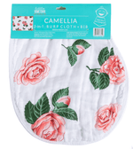 Textile, Little Hometown Camellia design white 2-in-1 burp cloth and bib printed with vibrant coral pink camellia flowers and dark green leaves, topped by teal blue product packaging