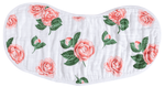 White muslin baby bib with a repeated floral pattern of coral pink roses, rosebuds, and dark green leaves