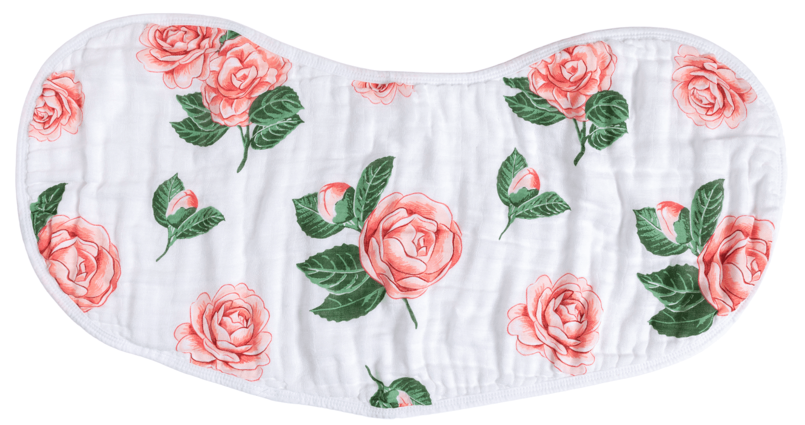 White muslin baby bib with a repeated floral pattern of coral pink roses, rosebuds, and dark green leaves