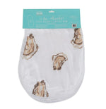 Little Hometown 2-in-1 Burp Cloth + Bib product featuring a white fabric with realistic brown and beige oyster shell patterns and turquoise packaging displaying O-yster Shucks text