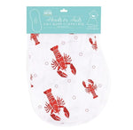 Little Hometown Heads or Tails brand textile 2-in-1 baby burp cloth and bib with a repeating red lobster and small red circle pattern on white fabric displayed with its prominent teal retail packaging