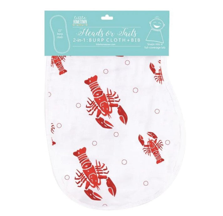 Little Hometown Heads or Tails brand textile 2-in-1 baby burp cloth and bib with a repeating red lobster and small red circle pattern on white fabric displayed with its prominent teal retail packaging