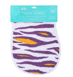 Fabric 2-in-1 burp cloth and bib from Little Hometown featuring a white background with distinctive purple and gold tiger stripes clearly labeled as Tiger Stripes