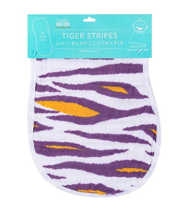 Fabric 2-in-1 burp cloth and bib from Little Hometown featuring a white background with distinctive purple and gold tiger stripes clearly labeled as Tiger Stripes