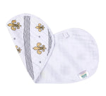 White New Orleans-themed cotton muslin baby burp cloth displaying a pattern of gold fleur-de-lis symbols alongside thin black vertical stripes and tiny black dots