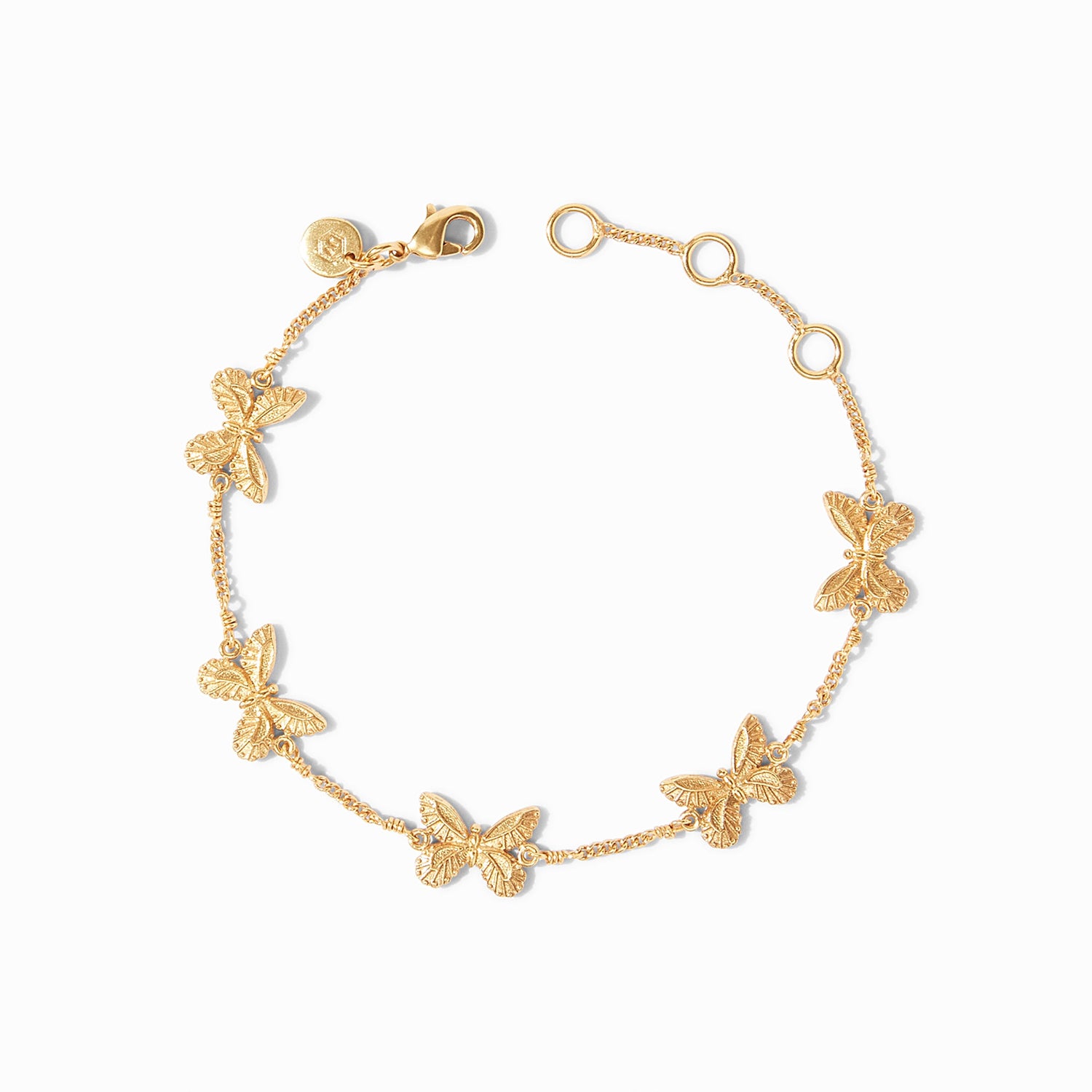 Gold chain bracelet featuring five small butterfly charms