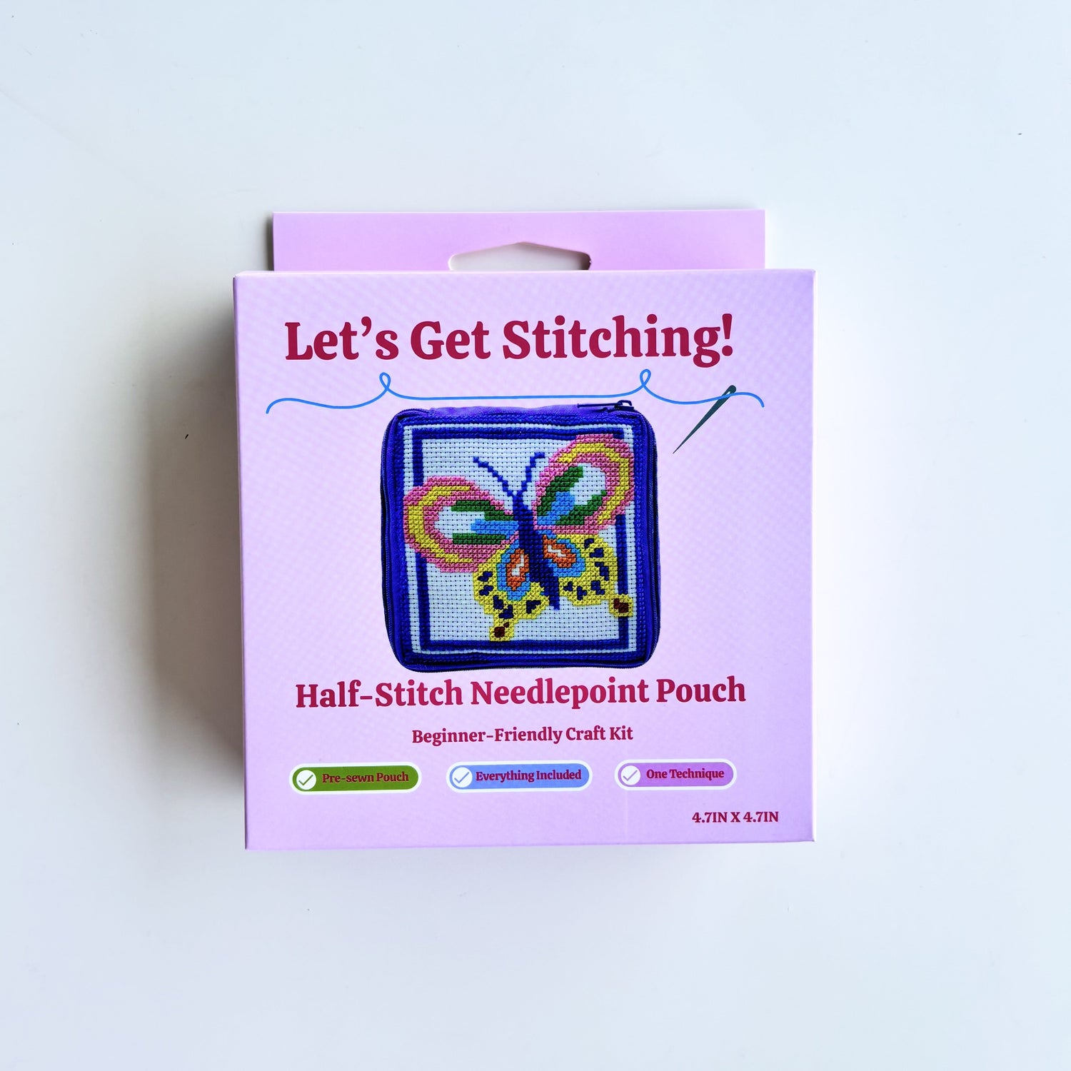 Let's Get Stitching half-stitch needlepoint pouch beginner craft kit box