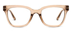 Product photography of Tom Ford eyeglasses featuring translucent champagne acetate frames in a chunky square silhouette with signature gold T-logo hinges on a white background