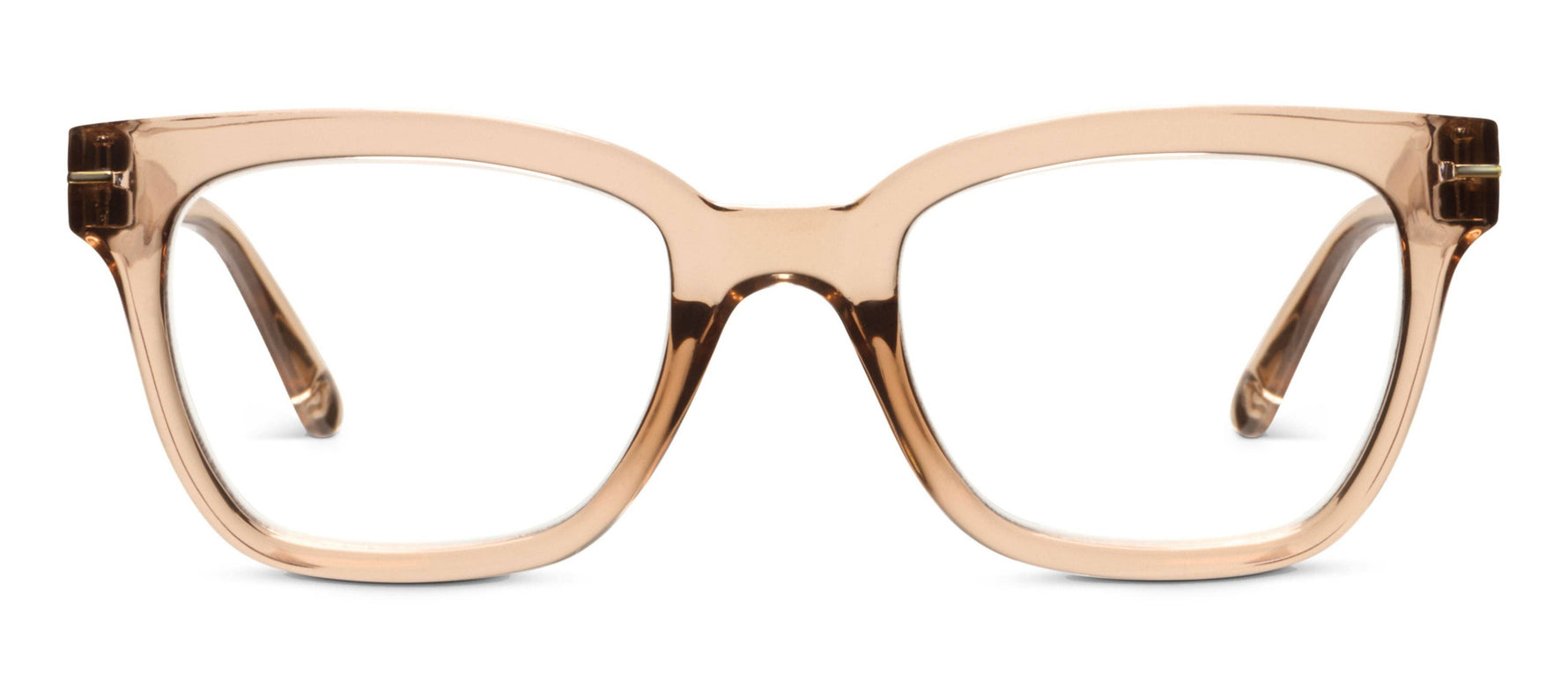 Product photography of Tom Ford eyeglasses featuring translucent champagne acetate frames in a chunky square silhouette with signature gold T-logo hinges on a white background