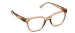 Studio product photograph of translucent honey-toned rectangular eyeglasses featuring thick acetate frames and visible metal hinges on a white background