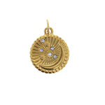 Gold-tone celestial charm with an embossed crescent moon and three radiating stars, each featuring a clear crystal, set against a sunburst background with a scalloped edge