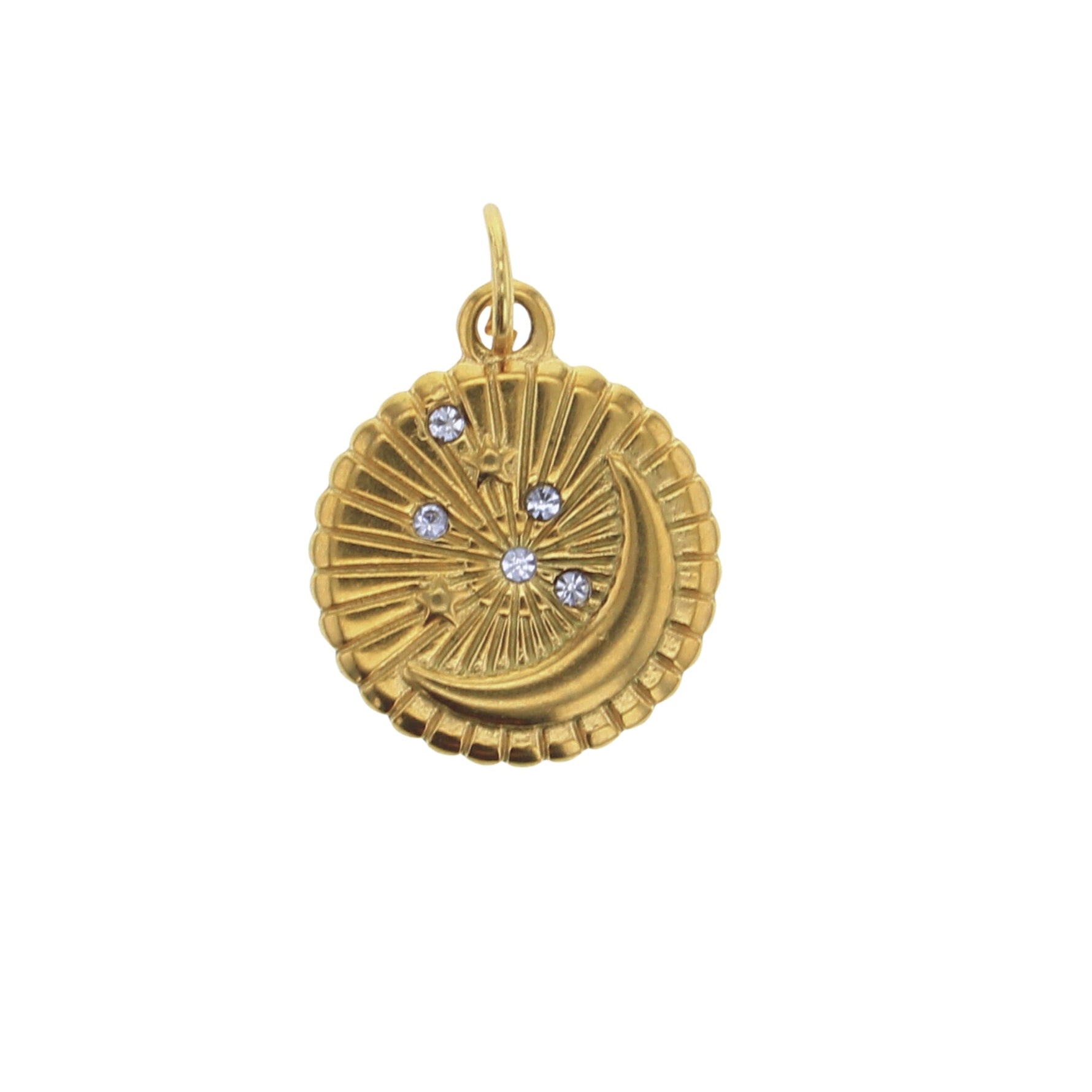 Gold-tone celestial charm with an embossed crescent moon and three radiating stars, each featuring a clear crystal, set against a sunburst background with a scalloped edge