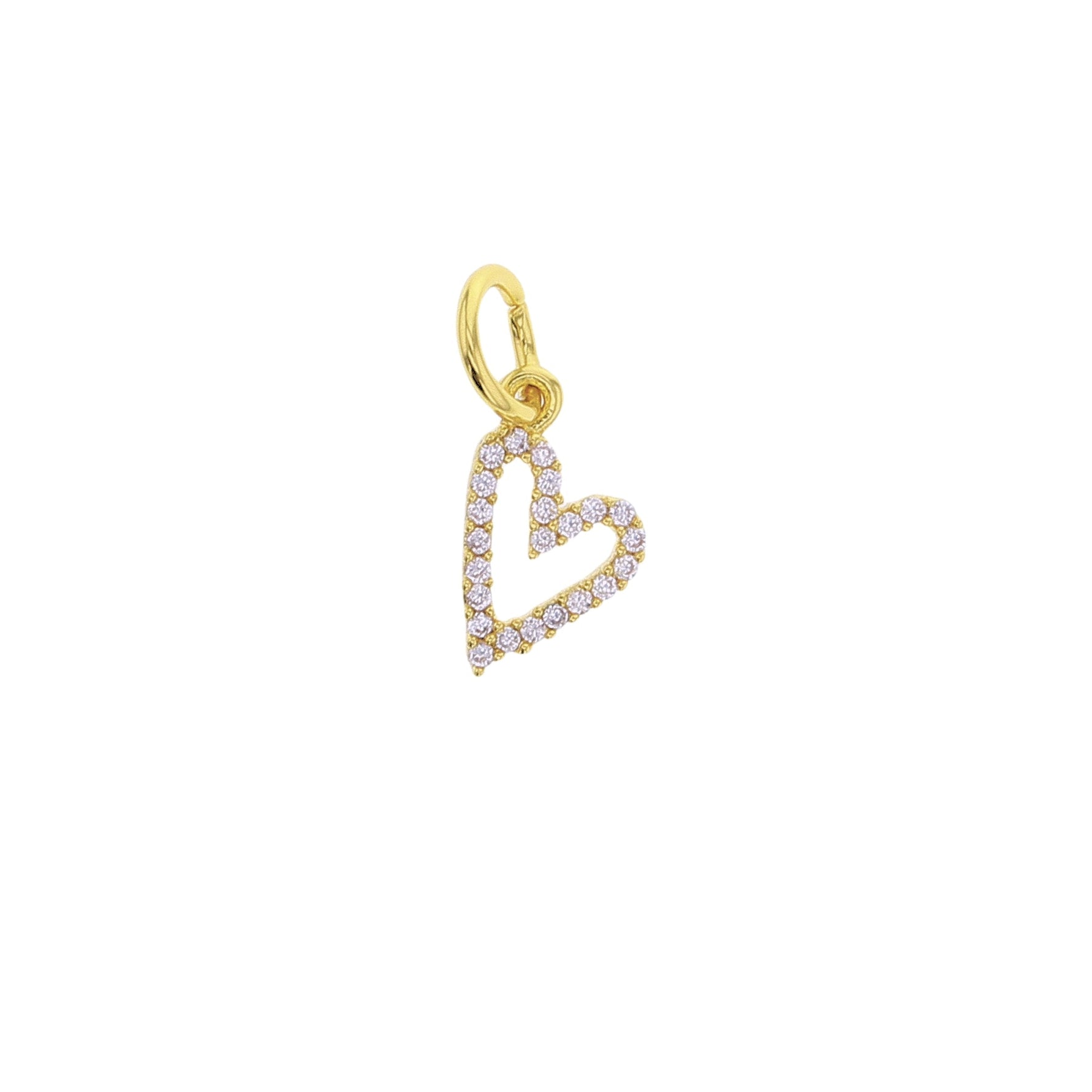 Gold jewelry charm featuring an open heart design paved with sparkling round white diamonds on a clean white background