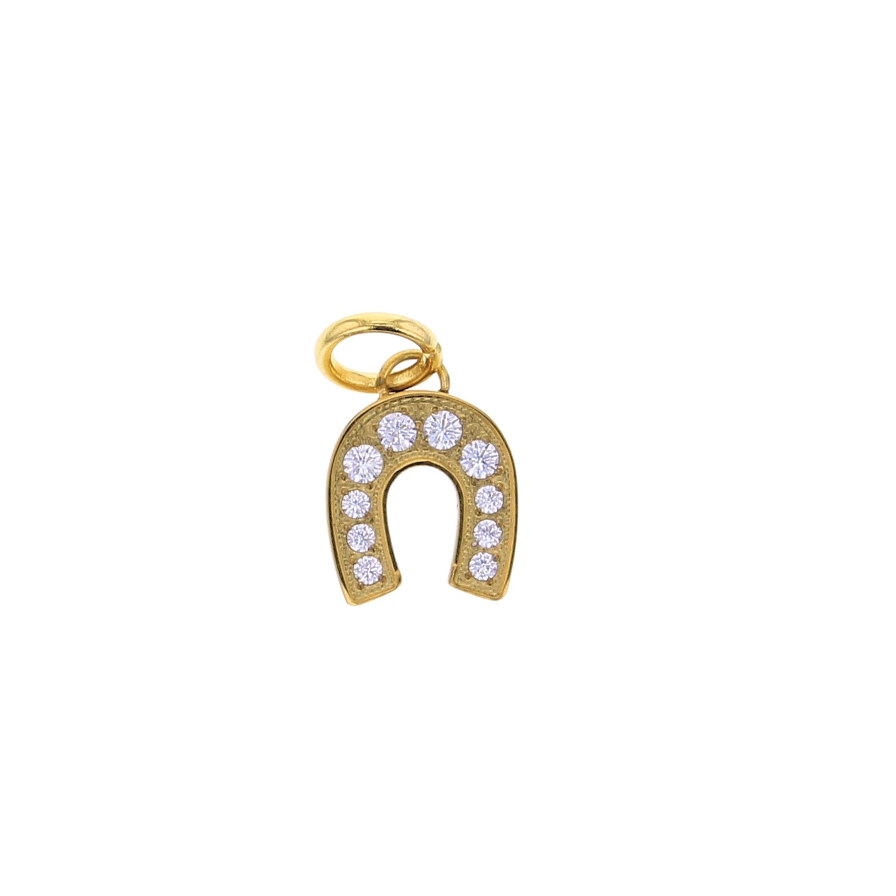 A sparkling gold horseshoe pendant featuring eight brilliant round diamonds pave-set in a textured yellow gold surface with a smooth bail
