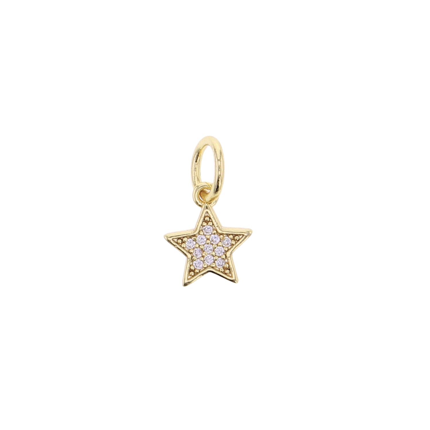 Gold star jewelry charm featuring pavé-set clear cubic zirconia stones and an attached loop on a white background