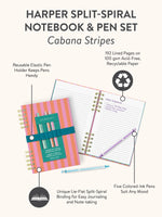 Harper split-spiral notebook and pen set with cabana stripes pattern and product features