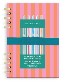 Pink and orange striped spiral notebook with a set of five gel pens held by a teal elastic band