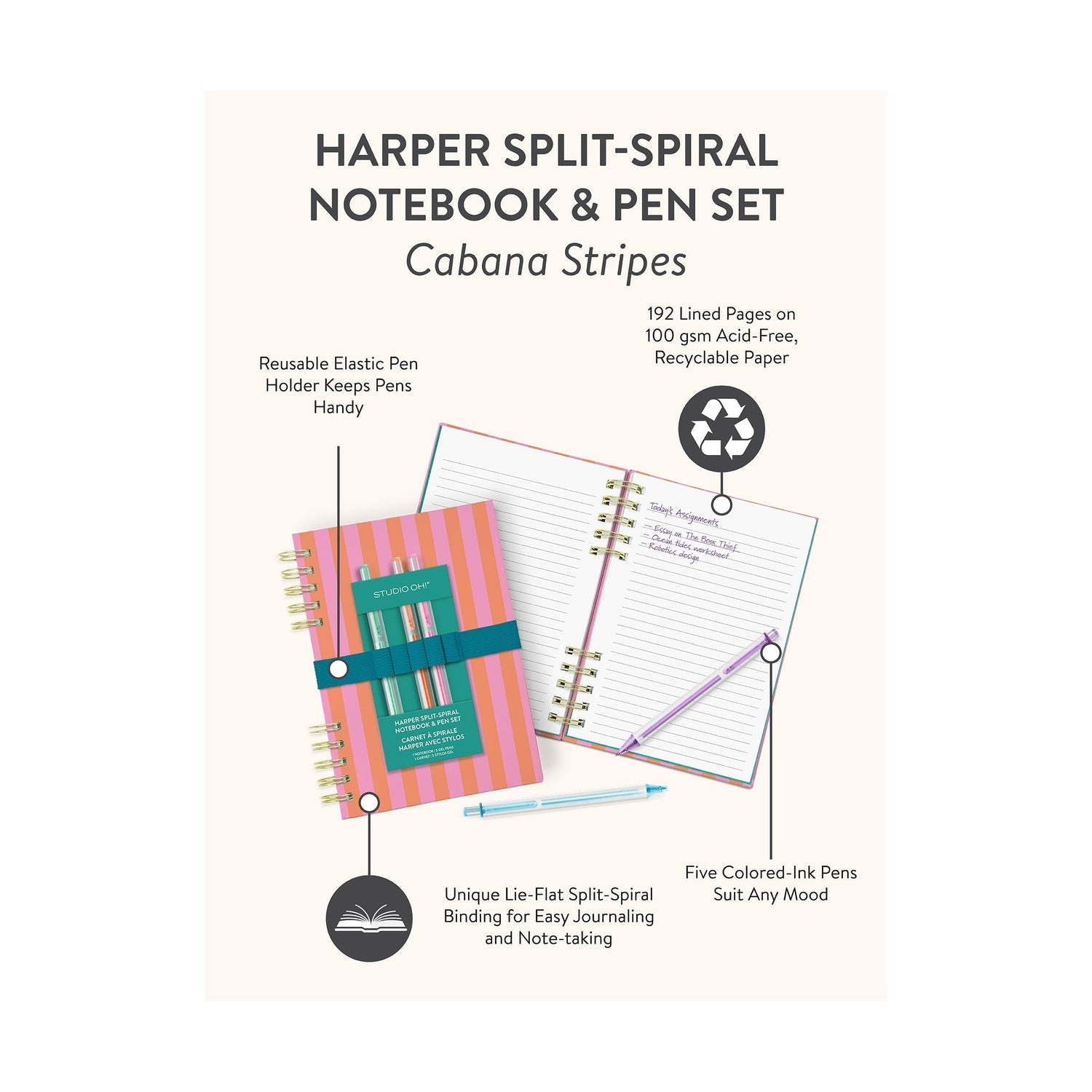 Cabana Stripes Harper Split-Spiral Notebook & Pen