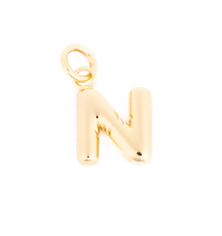 A shiny gold puffy bubble letter N charm with an attached jump ring against a plain white background