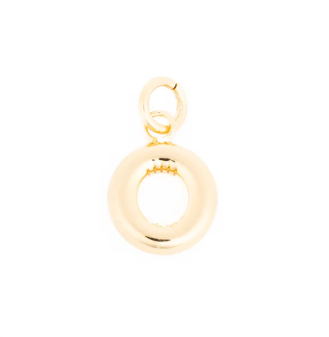 Gold metal jewelry, a polished doughnut-shaped charm with a chunky O-shape and a small spring-ring clasp