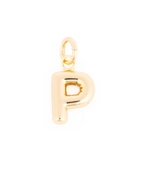 Gold-toned metal letter P initial charm featuring a shiny, rounded design with an attachment jump ring