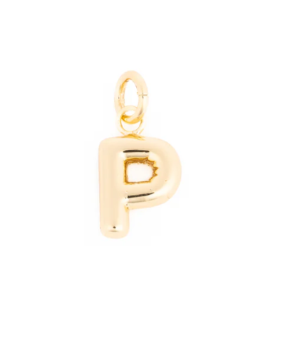 Gold-toned metal letter P initial charm featuring a shiny, rounded design with an attachment jump ring