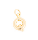 Polished gold letter Q charm featuring a rounded puffy design and a tiny bail for jewelry attachment