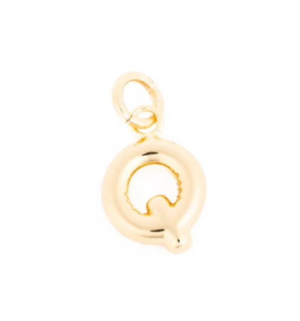 Polished gold letter Q charm featuring a rounded puffy design and a tiny bail for jewelry attachment
