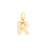 Gold puffy letter R initial charm with a glossy finish and integrated jump ring