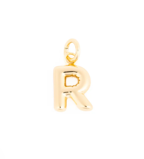 Gold puffy letter R initial charm with a glossy finish and integrated jump ring