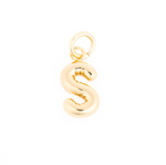Gold charm featuring a polished puffy letter S with a small jump ring