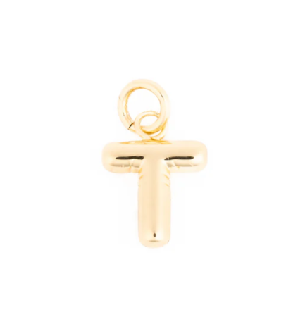 Gold jewelry charm featuring a shiny polished rounded letter T with a top attachment loop