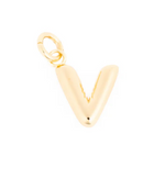 Gold charm, a shiny puffed letter V with an attachment ring