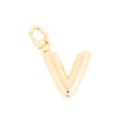 Gold charm, a shiny puffed letter V with an attachment ring