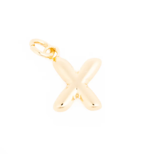 Gold puffy letter X charm with a shiny finish and a top loop