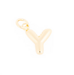 Polished gold bubble letter Y initial charm featuring a shiny reflective surface and an integrated jump ring on a crisp white background