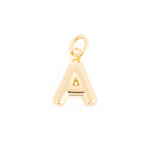 Gold-plated metal charm featuring a shiny, puffed letter A design with a small top hanging loop