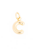 Gold jewelry charm of a shiny puffed letter C with a smooth reflective surface and a small attachment loop