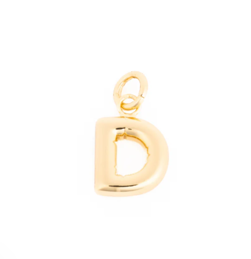 Gold charm featuring a shiny three-dimensional uppercase letter D with an attached jump ring