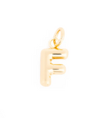 Gold letter F charm with a shiny rounded puffed design and an attached jump ring