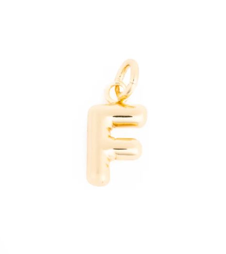 Gold letter F charm with a shiny rounded puffed design and an attached jump ring