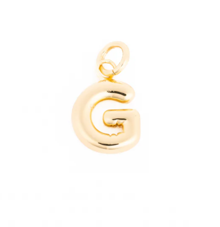 Gold G letter pendant with a shiny reflective surface and a rounded puffy design featuring a small bail loop at the top