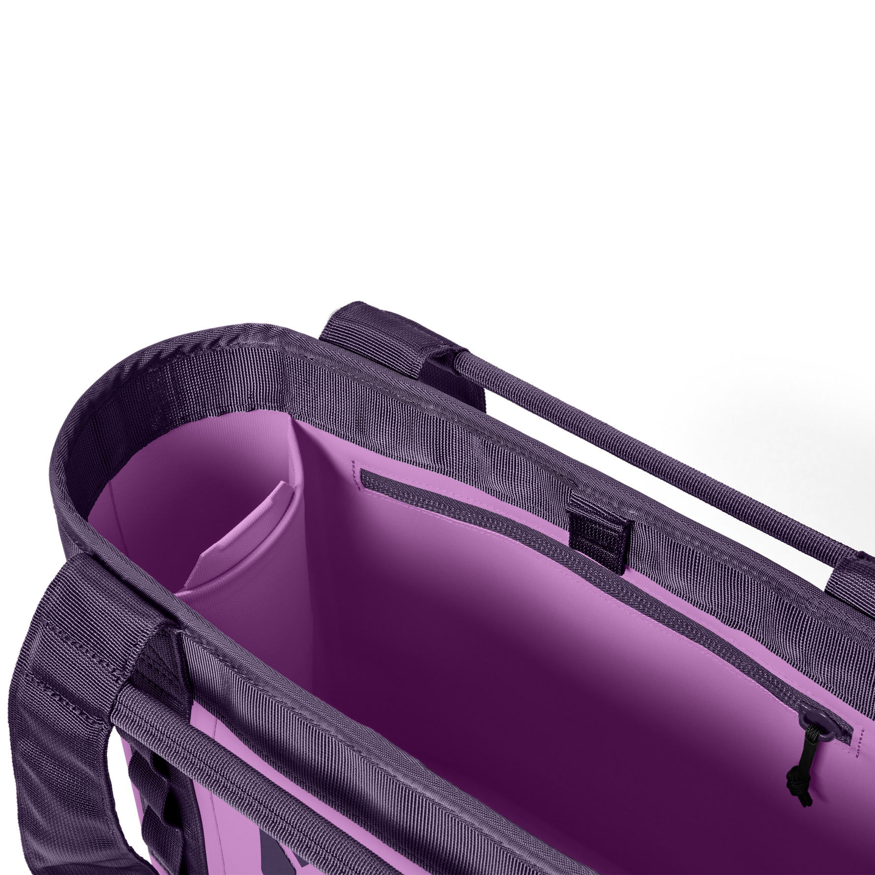 Digital photography of a deep purple tote bag showing its open interior with vibrant lilac lining, multiple organizational pockets, and a zippered compartment
